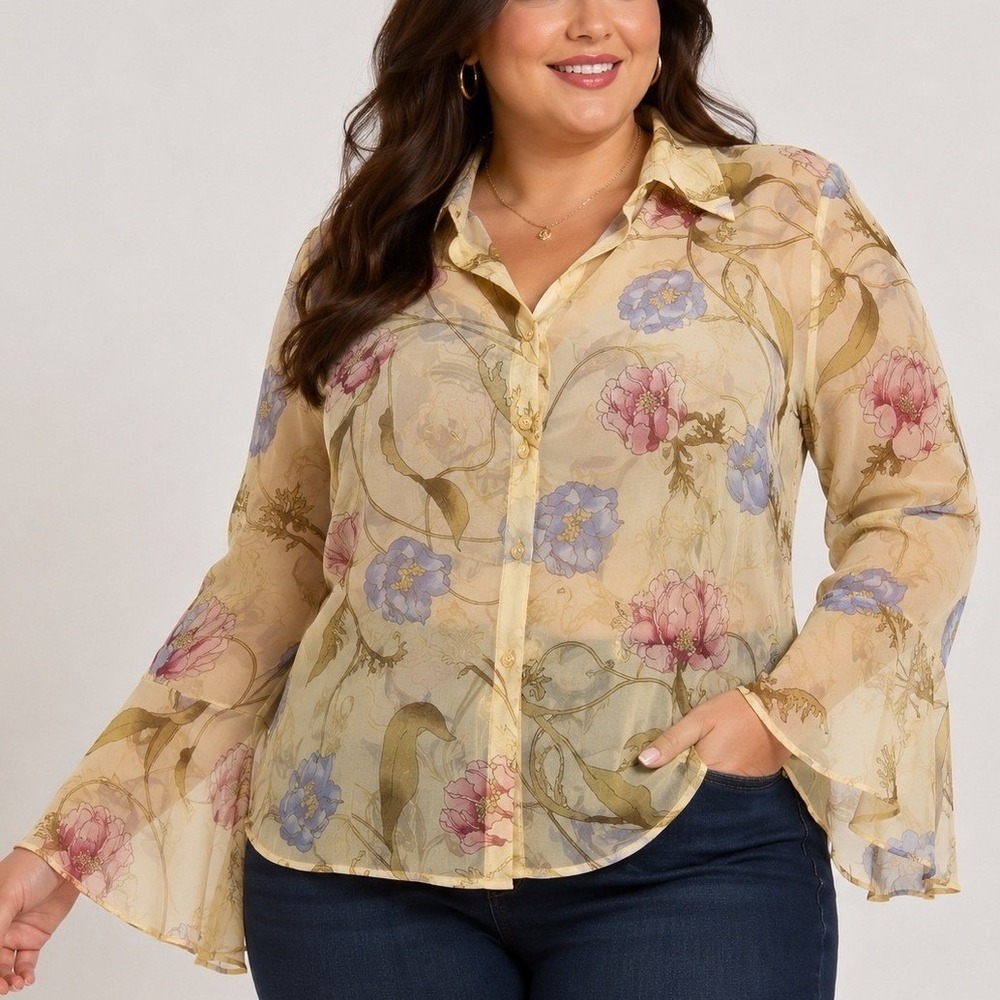 George Woman 18W Sheer Floral Button Front Blouse Bell Sleeve Plus Size Cottage
